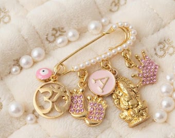 Om Ganesha Baby Pin | Personalized Hindu Baby Protection Charm | Evil Eye Nazar Pin | Naming Ceremony Namkaran Gift | Crystal Crown Newborn