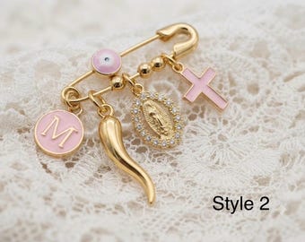 Personalized Baptism Pin, Evil Eye, Cross, Italian Horn, Angel, Virgin Mary, Baptisim Gift, Baby Shower Gift, baby protection gift