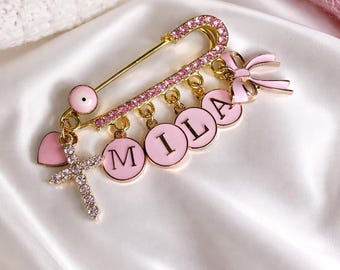 Personalized Baby Name Pin, Pink Gold Cross Charm Brooch, Custom Newborn Keepsake, Baptism Christening Gift, Stroller Pin, Baby Shower gift