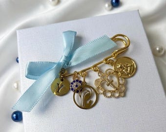 Personalized Baby Protection Pin with Initial Custom Baptism, Christening Gift – Gold Evil Eye, Angel & Virgin Mary Charms – Baby shower Gif