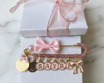 Personalized Baby Name Pin Islamic Stroller Pin Ayatul Kursi Charm Pink Safety Pin Newborn Gift Custom Name Pin Aqiqah Baby Shower Gift