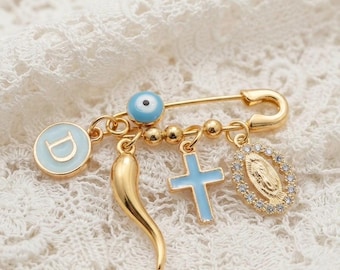 Personalized Baptism Pin, Evil Eye, Cross, Italian Horn, Angel, Virgin Mary, Baptisim Gift, Baby Shower Gift, baby protection gift