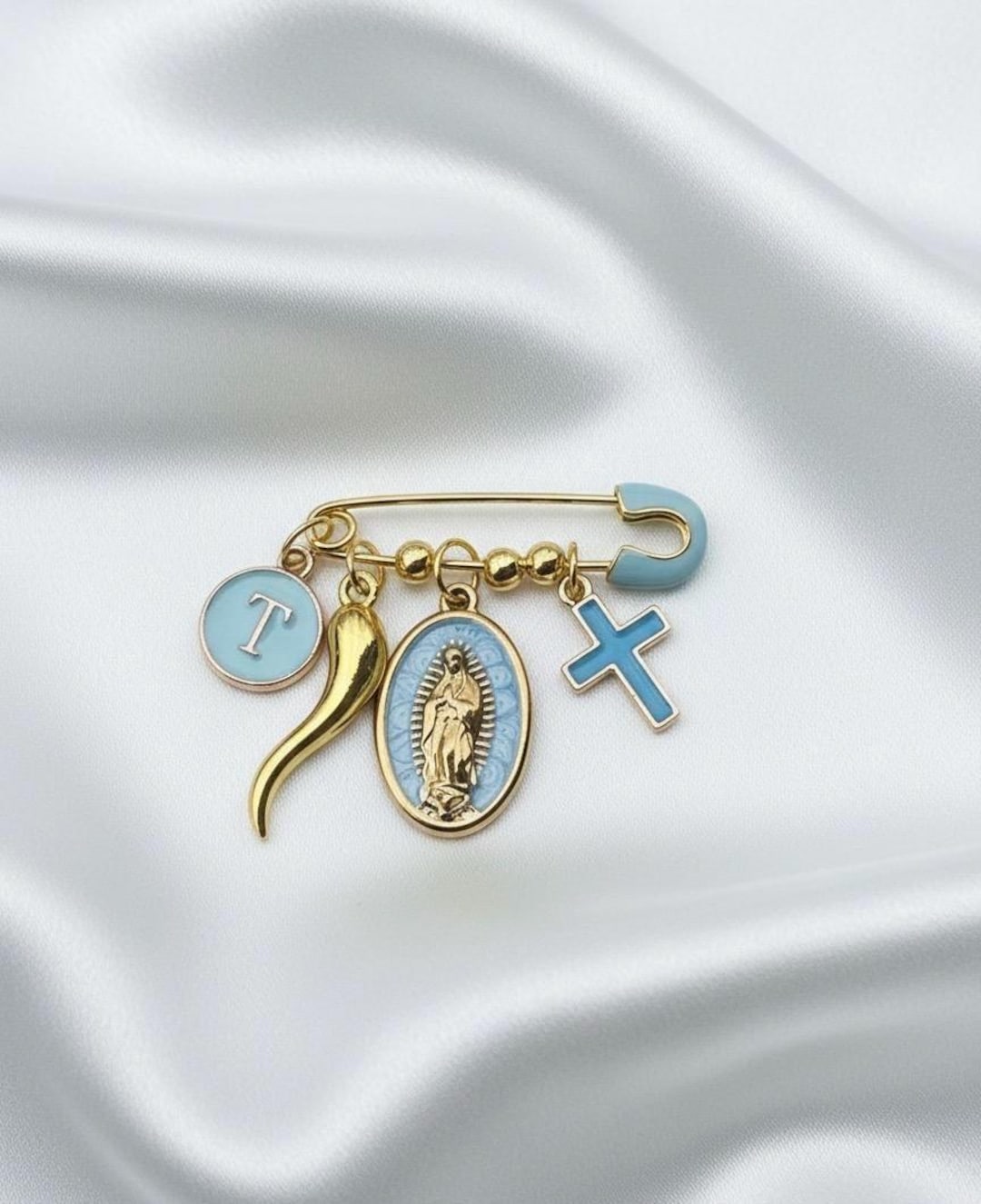 Personalized Baptism Pin • Virgin Mary, Cross, Italian Horn Charms ...