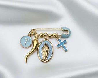 Personalized Baptism Pin • Virgin Mary, Cross, Italian Horn Charms , baby shower gift, baptism gift