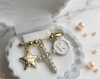 Personalized Baby Pin, Custom Initial Baptism Gift, Gold Pearl Cross Safety Pin, Christening Keepsake, Newborn Baby Girl Gift, Godchild Gift