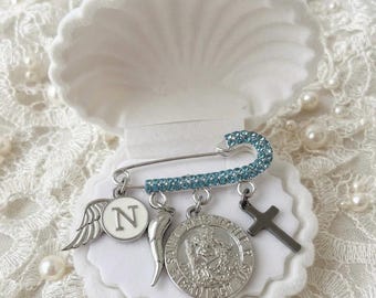 Baby Protection Pin, Personalized Initial Charm Stroller Pin, Evil Eye & st Christopher or virgin  Mary, Italian Horn Cornicello,