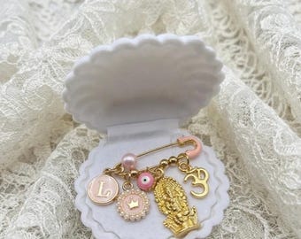 Gold Nazariya Baby Pin with Ganesha Om Evil Eye Charm, Personalized Initial Safety Pin, Hindu Baby Shower Gift, Kids Nazar Suraksha Pin