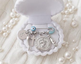 Saint Christopher Baby Pin, Baptism Gift Boy Girl, Evil Eye Protection Pin for Crib Car Seat Stroller Outfit, Personalized Christening Keeps