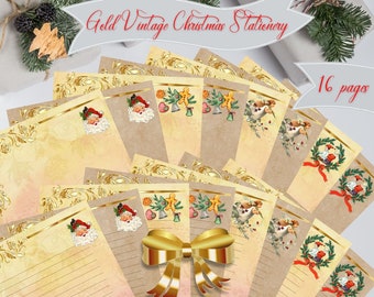 Set of Vintage Gold Christmas Printable Stationery - Festive Vintage Stationery, Elegant Gold Stationery, Holiday Letter Paper, Santa Letter