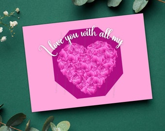 Fuchsia Flower Heart Valentine's Day Cards - Set of 4, Love Card