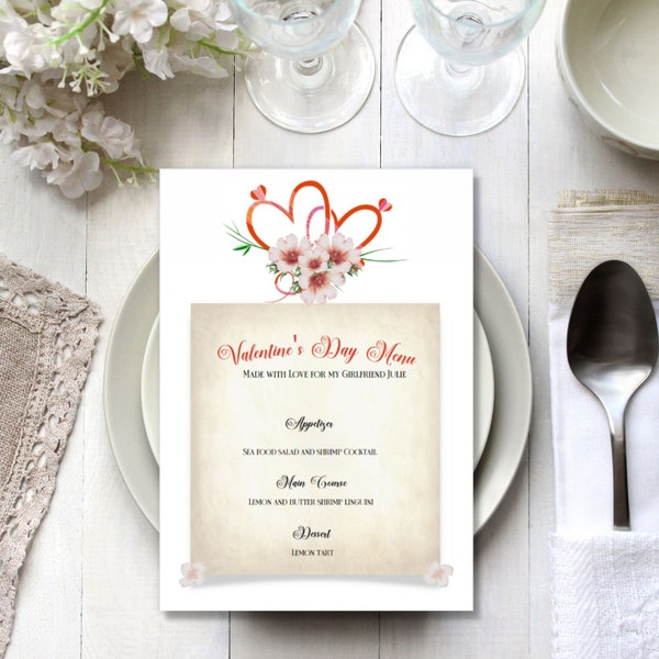 Valentine's Day Menu Template - Editable & Printable, Romantic Dinner Menu, Surprise Gift, Menu Cards