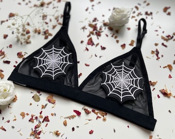 Spooky schwarzes Mesh Bralette mit Spinnennetz