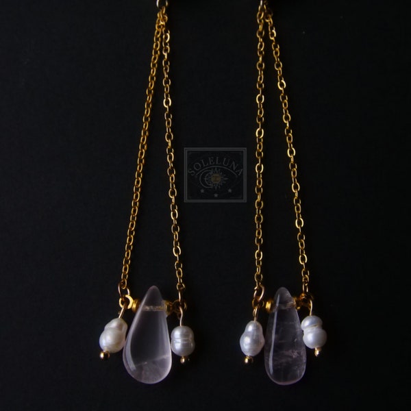 Natural Rose Quartz TearDrop Earrings - 18K Gold Plated Chain Earrings- Fresh Water Pearl Dangle - Elegant Unique Statement Earrings