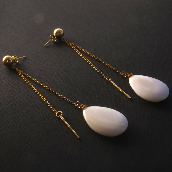 Natural Mother of Pearl Earrings - Long 14K Gold-Plated Chain Dangle  - White and Gold Earrings - Minimalist