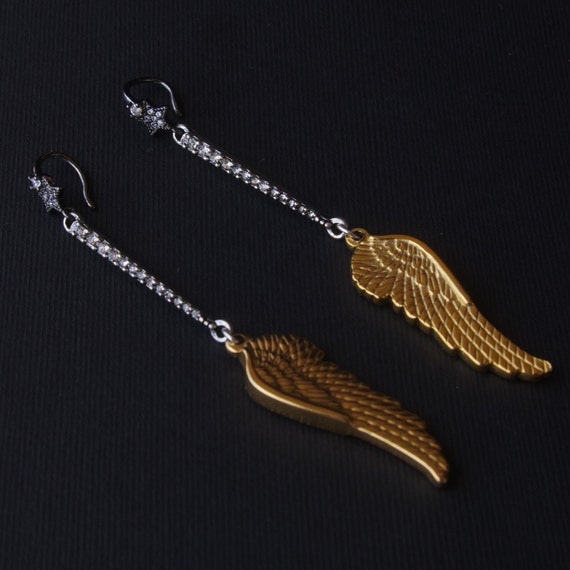 14K Gold Plated Angel Wing Earrings Celestial Design Star