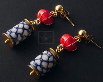 Chinoiserie Dangle Earrings: Red Lantern, Blue & White Porcelain