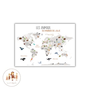 Carte du monde enfant personnalisé , affiche animaux du monde, planisphère, child poster, animals of the world, world map for children,