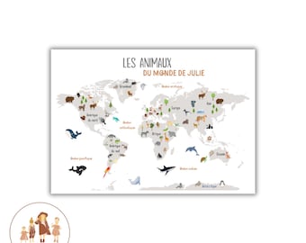 Carte du monde enfant personnalisé , affiche animaux du monde, planisphère, child poster, animals of the world, world map for children,