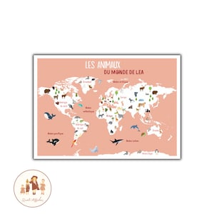 Carte du monde enfant personnalisé , affiche animaux du monde, planisphère, child poster, animals of the world, world map for children,