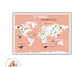Personalisierte Kinderweltkarte, Welttierplakat, Planisphäre, Kinderplakat, Tiere der Welt, Weltkarte für Kinder,