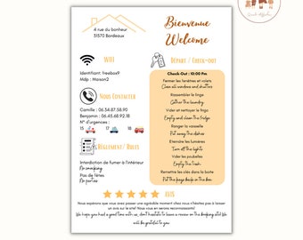 Cartel de airbnb en francés e inglés, cartel de información de alquiler, cartel de información de airbnb, cartel de bienvenida, cartel de bienvenida, bienvenida
