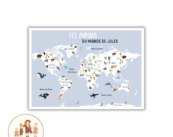Carte du monde enfant personnalisé , affiche animaux du monde, planisphère, child poster, animals of the world, world map for children,