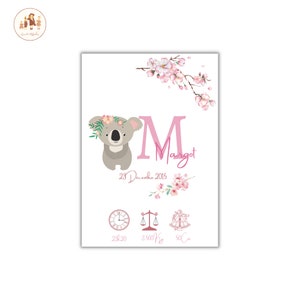 Cartel de nacimiento personalizado "koala" - Cartel de recuerdo del bebé - Inicial, nombre, peso, altura y hora, cartel, nacimiento