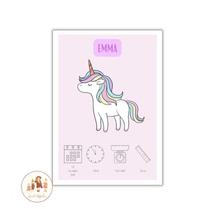 Personalisiertes Geburtsplakat "Einhorn" - Baby-Erinnerungsplakat - Initialen, Vorname, Gewicht, Größe und Uhrzeit