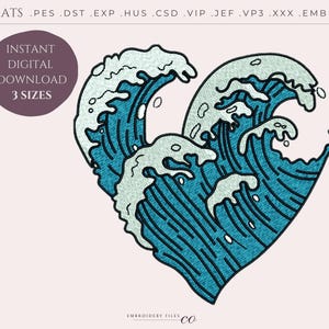 May include: An embroidery design of a blue and white wave in the shape of a heart. The design is available in three sizes and in multiple formats, including PES, DST, EXP, HUS, CSD, VIP, JEF, VP3, XXX, EMB, and PDF.