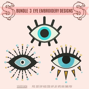 May include: A set of three eye embroidery designs. The designs feature a blue eye with black eyelashes and a white background. The designs are available in three sizes.  "Bundle 3 Eye Embroidery Designs"