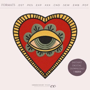 May include: Red heart-shaped embroidery design with a yellow eye and green flower details. The design is outlined in yellow and has a striped border. The text "INSTANT DIGITAL DOWNLOAD 3 SIZES" is in a white box with a black border.