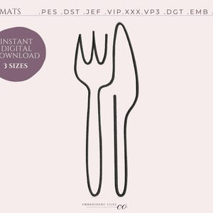 May include: Black and white line art illustration of a fork and knife. The image is a digital download available in three sizes.