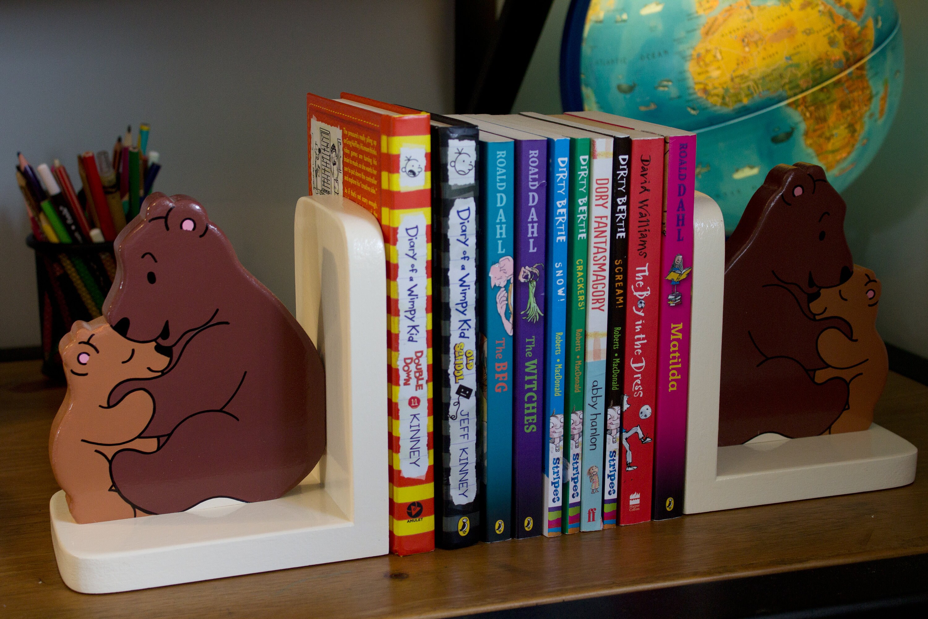 Bear Hug Wooden Bookends for Kids Childrens Book Ends Book Stoppers for