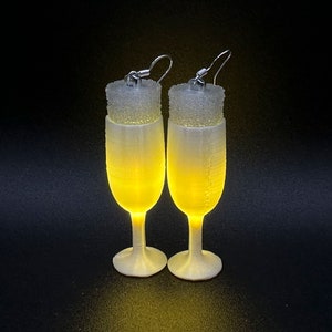 AMAZING Light Up Glowing Champagne Glass Earrings • Custom 3D Printed Party Earrings Multi Colors! Fun for New Years Eve or Bachelorette!