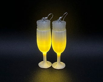AMAZING Light Up Glowing Champagne Glass Earrings • Custom 3D Printed Party Earrings Multi Colors! Fun for New Years Eve NYE 2026!