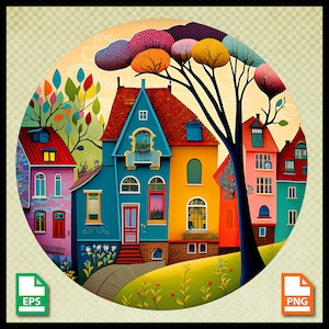 Volkskunst Häuser druckbare png, Kreisdesign, Cricut Clipart, Silhouette Cameo 4, kommerzielle Nutzung, Primitive, Illustrative eps, boho art