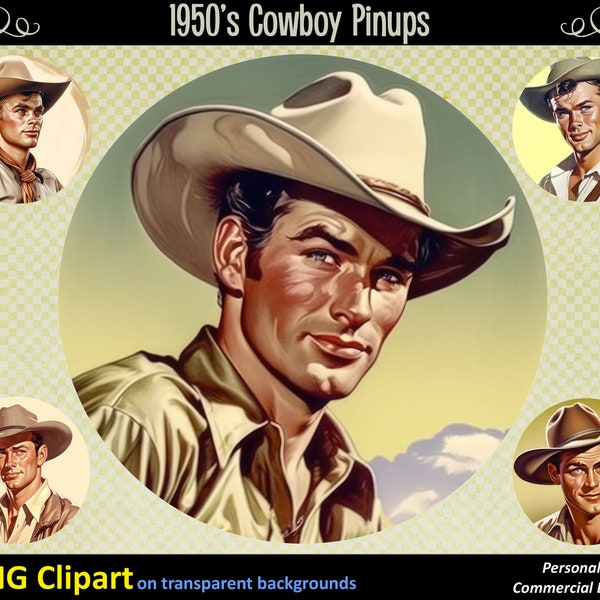 Cowboy 1950's clipart png, x5 images, 10x10 circular design, Digital download, Commercial licence, Transparent backgrounds,Glamour, Handsome