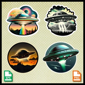 Vintage UFO printable graphic,  png, extraterrestrial design, Humanoid, UFO Invaders , flying saucers, eps clipart, Silhouette Cameo, Retro
