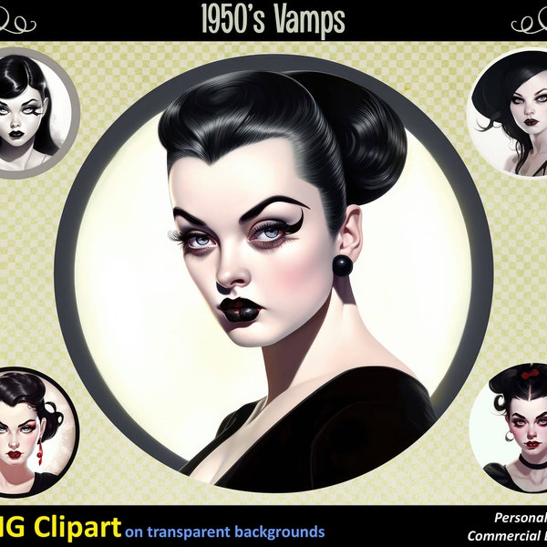 Female vamps 1950's pinups clipart png, x5 images, 10x10, Femme fatale Digital download, Commercial licence, Transparent backgrounds,