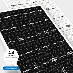 Ready to Print A4 Sheet Modern Minimal Spice Seasoning Herb Jar Labels - Bundle Pantry Labels Black & White