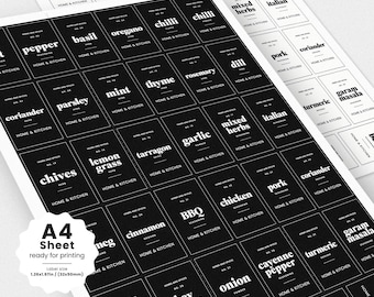 May include: A sheet of black and white spice labels with various herb and spice names. The labels are rectangular with rounded corners and feature the text "Home & Kitchen". The sheet is labeled "A4 Sheet ready for printing" and "Instant Download". Label size is 1.26x1.97in.