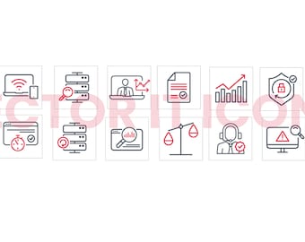 Op de afbeelding: Een set van 14 lijniconen die verschillende zakelijke en financiële concepten voorstellen. De iconen zijn in een blauw en rood kleurenschema en omvatten een doelwit, een laptop, een server, een document, een grafiek, een schild, een hand, een map, een klok, een vergrootglas, een weegschaal, een headset, een waarschuwingsbord en een telefoon.