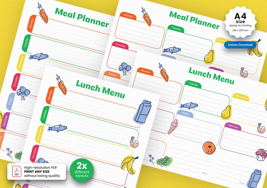 Lunch Menu Template and Meal Planner Printable A5 A4 A3 A2 PDF School ...