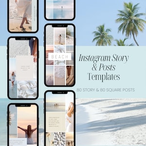Instagram and Story Tropical Beach Template. Tropical Beach Instagram Posts, Quotes and Affirmations in Aesthetic Modern Canva Template.