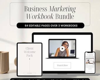 May include: A digital marketing workbook bundle with 64 editable pages across three workbooks. The bundle includes a client welcome pack, a client farewell pack, and a services and pricing guide. The image shows a laptop, a tablet, and a smartphone displaying the workbooks.