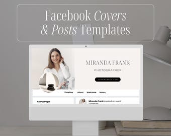 Puede incluir: Una pantalla de ordenador que muestra una plantilla de página de Facebook para un fotógrafo. La plantilla presenta un fondo blanco con un encabezado negro y una foto de perfil de una mujer. El texto del encabezado dice "Miranda Frank Fotógrafo" e incluye una dirección de sitio web. La página incluye pestañas para "Cronología", "Acerca de", "Bienvenido" y "Más".