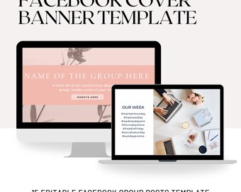 Puede incluir: Una plantilla de banner de portada de Facebook rosa y blanca con el texto "NAME OF THE GROUP HERE" y "WEBSITE HERE". Debajo del banner, una pantalla de computadora portátil con el texto "OUR WEEK" y hashtags para cada día de la semana.
