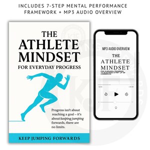 Könnte beinhalten: Ein Buchcover und ein Smartphone mit dem Titel "The Athlete Mindset for Everyday Progress". Das Buch zeigt eine blaue Silhouette eines Läufers. Das Telefon zeigt eine Audioübersicht. Text enthält "Keep Jumping Forwards."