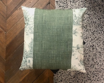 Cushion cover in green textured fabric and green french decor print fabric