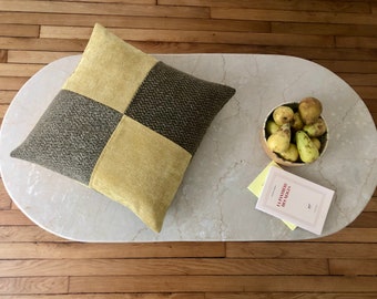 Cushion cover in green wool and textured yellow velvet